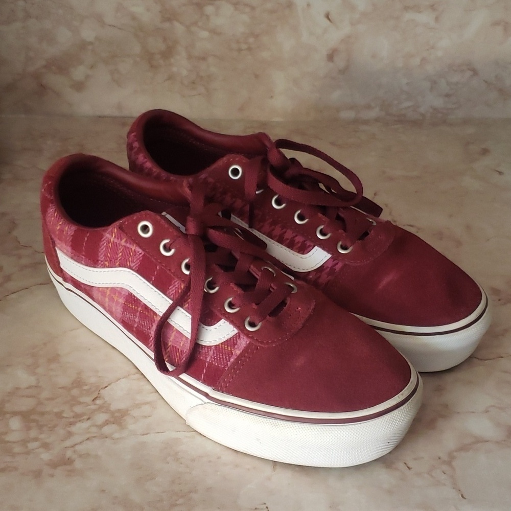 Vans Red Wine Suede Women's Plataform Loafers Shoes Size 10